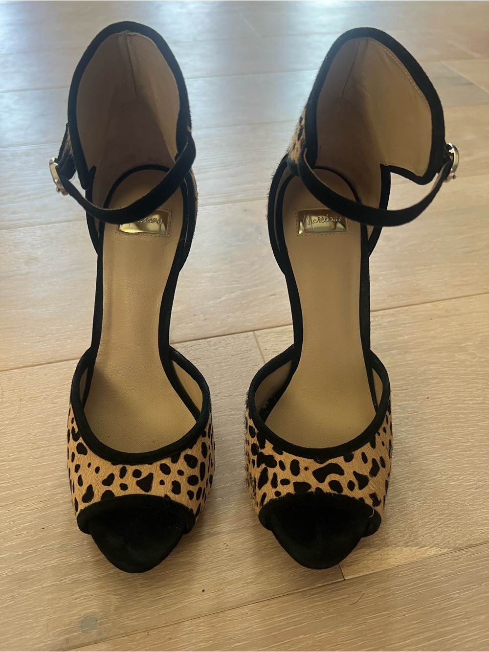 Marciano Leopard-Print Ankle-Strap Peep-Toe Heels
